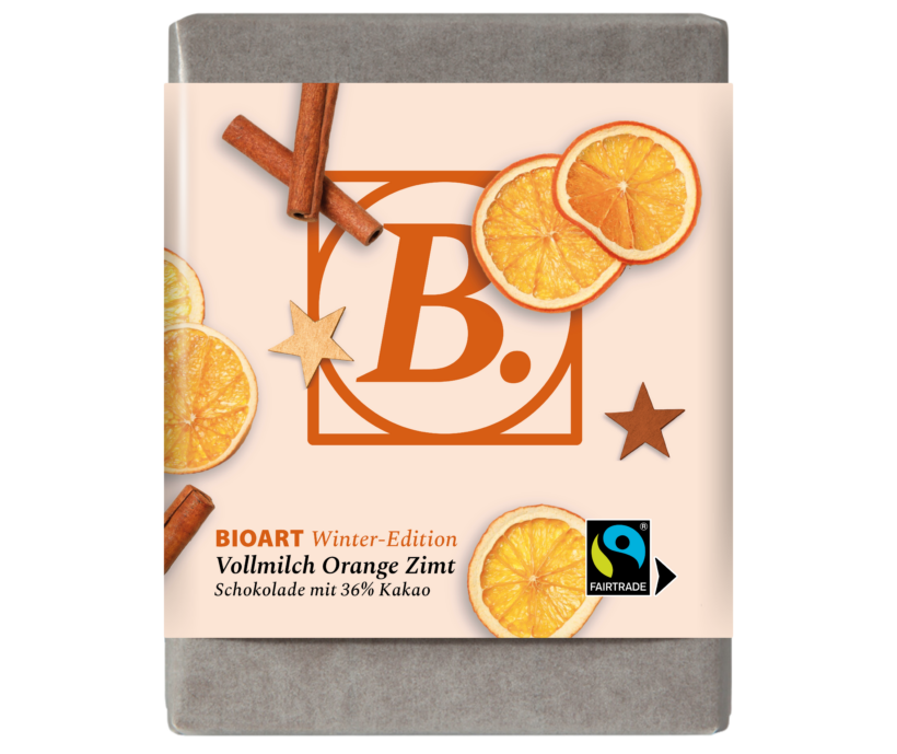 BIOART Winter-Edition Schoko Vollmilch Orange-Zimt 70g, Fairtrade